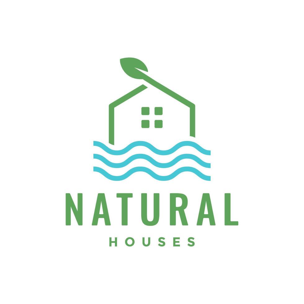 la nature maison avec rivière village minimal nettoyer plat exotiques ligne style logo conception vecteur icône illustration