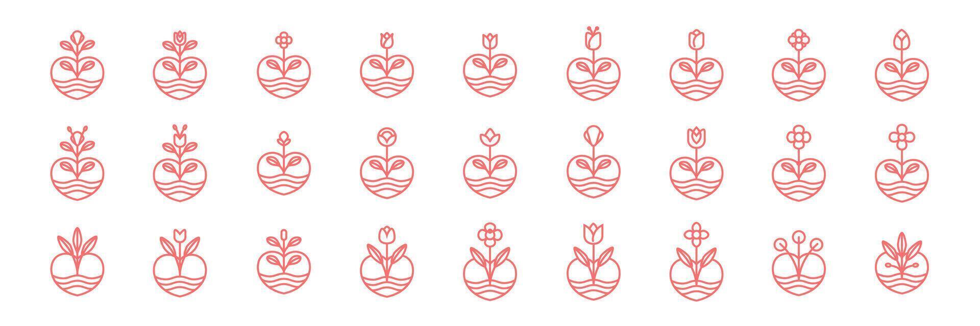 plante fleurs amoureux cœur collection botanique moderne ligne style Facile icône ensemble logo conception vecteur illustration