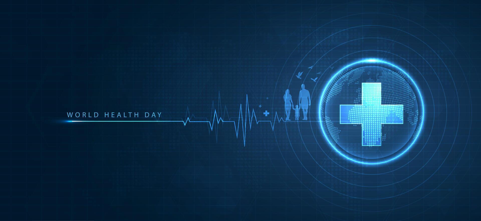 monde santé journée est une global santé conscience journée célèbre chaque année sur 7e avril. santé se soucier médical science avec icône numérique La technologie monde concept moderne entreprise. vecteur conception