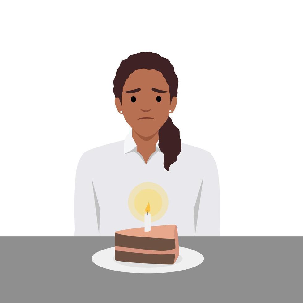 Jeune femme est assis à table avec pièce gâteau avec bougie et souffre de absence de les proches et amis. malheureux mère fête anniversaire seul dans avoir besoin de soutien vecteur