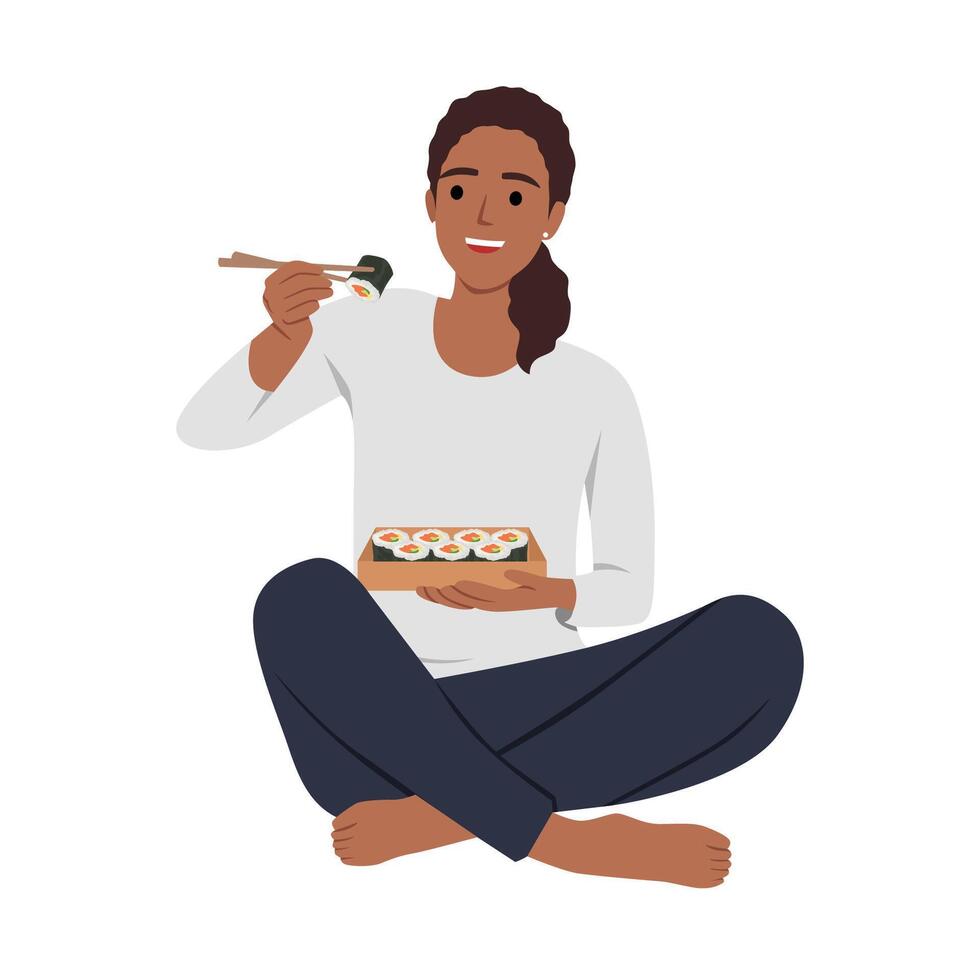 content Jeune femme asseoir sur sol en mangeant Sushi avec baguettes. vecteur
