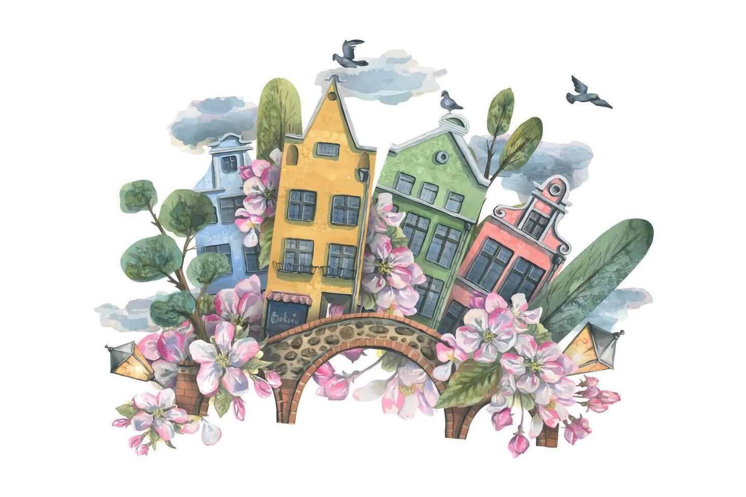 une mignonne Maisons avec des arbres, une pont, une lanterne, une pigeon, des nuages et Pomme fleurs. aquarelle illustration. printemps composition de le collection de européen Maisons. pour le tissu, fond d'écran. vecteur