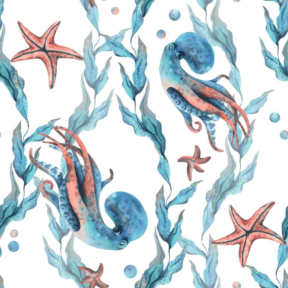 sous-marin monde clipart avec mer animaux pieuvre, étoile de mer, bulles et algues. main tiré aquarelle illustration. sans couture modèle sur une blanc Contexte vecteur
