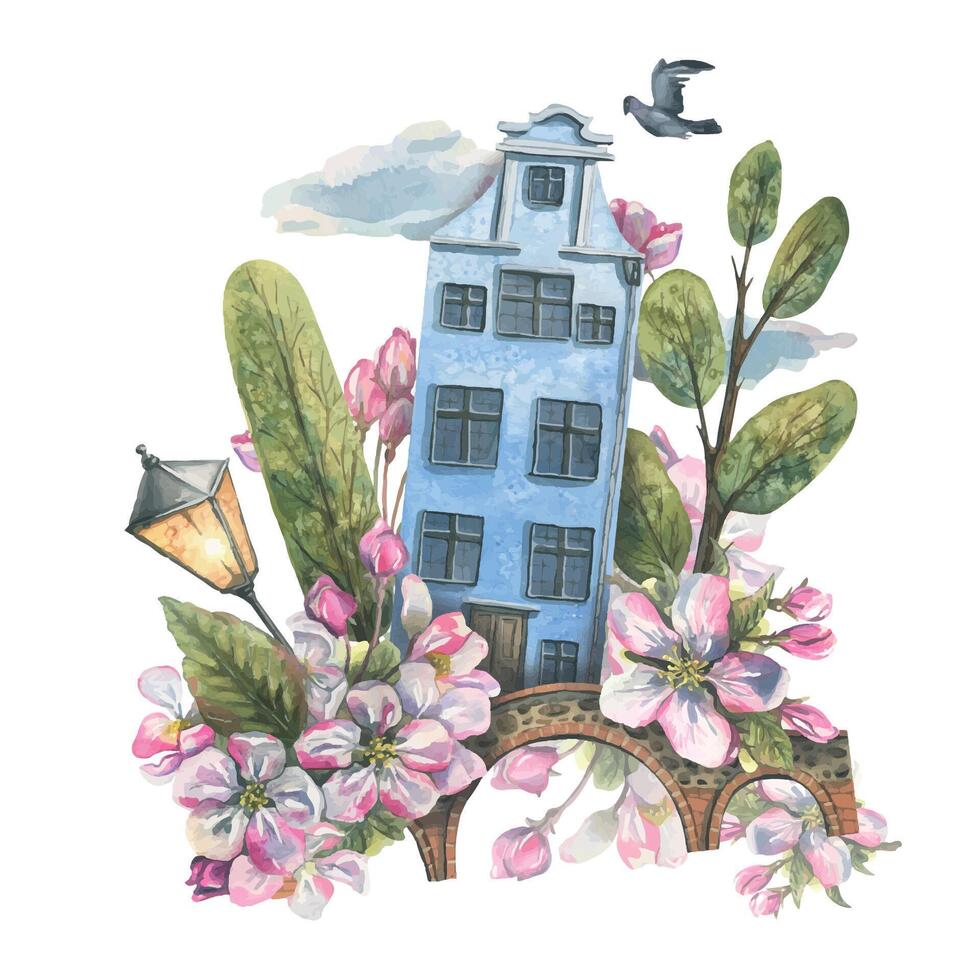 une mignon, bleu maison avec des arbres, une pont, une lanterne, une pigeon, des nuages et Pomme fleurs. aquarelle illustration. printemps composition de le collection de européen Maisons. pour le conception vecteur