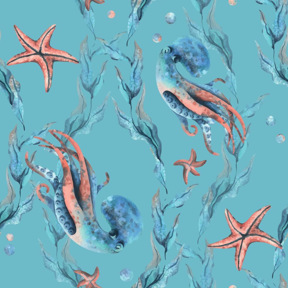 sous-marin monde clipart avec mer animaux pieuvre, étoile de mer, bulles et algues. main tiré aquarelle illustration. sans couture modèle sur une bleu Contexte vecteur