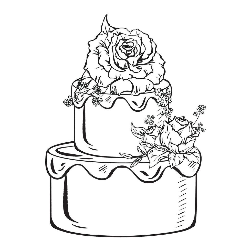 une noir et blanc ligne art dessin de une mariage gâteau avec des roses sur Haut vecteur