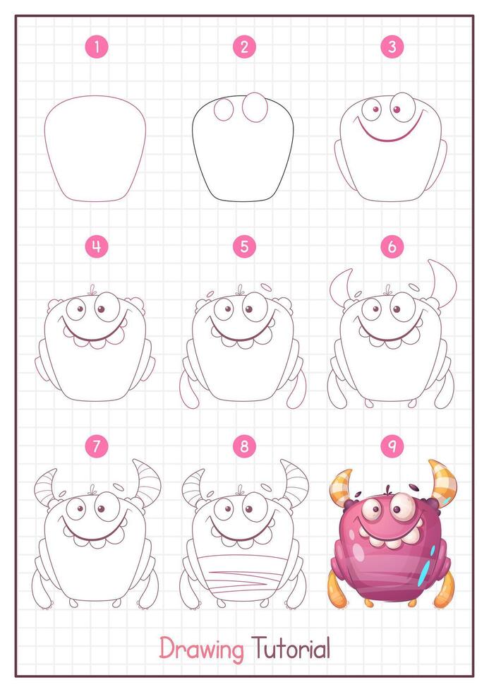 Comment à dessiner une monstre. étape par étape dessin Didacticiel. dessiner guide. Facile instruction pour des gamins et adultes vecteur