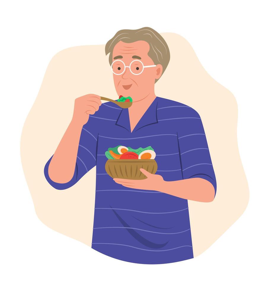 Sénior homme en mangeant salade pour en bonne santé en mangeant concept illustration vecteur