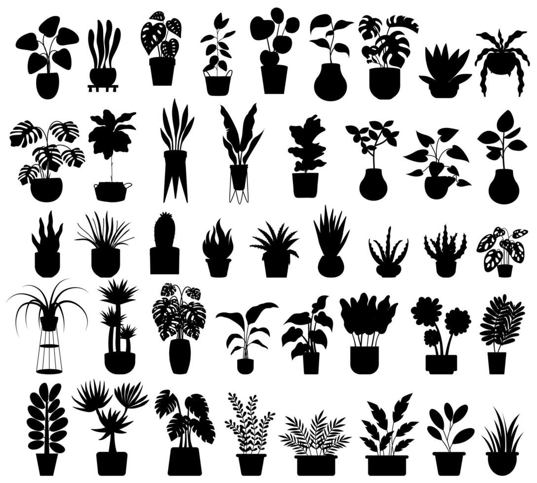 ensemble de différent mis en pot plantes d'intérieur silhouettes. intérieur fleurs ou les plantes dans pots de fleurs ou des vases plat vecteur des illustrations collection