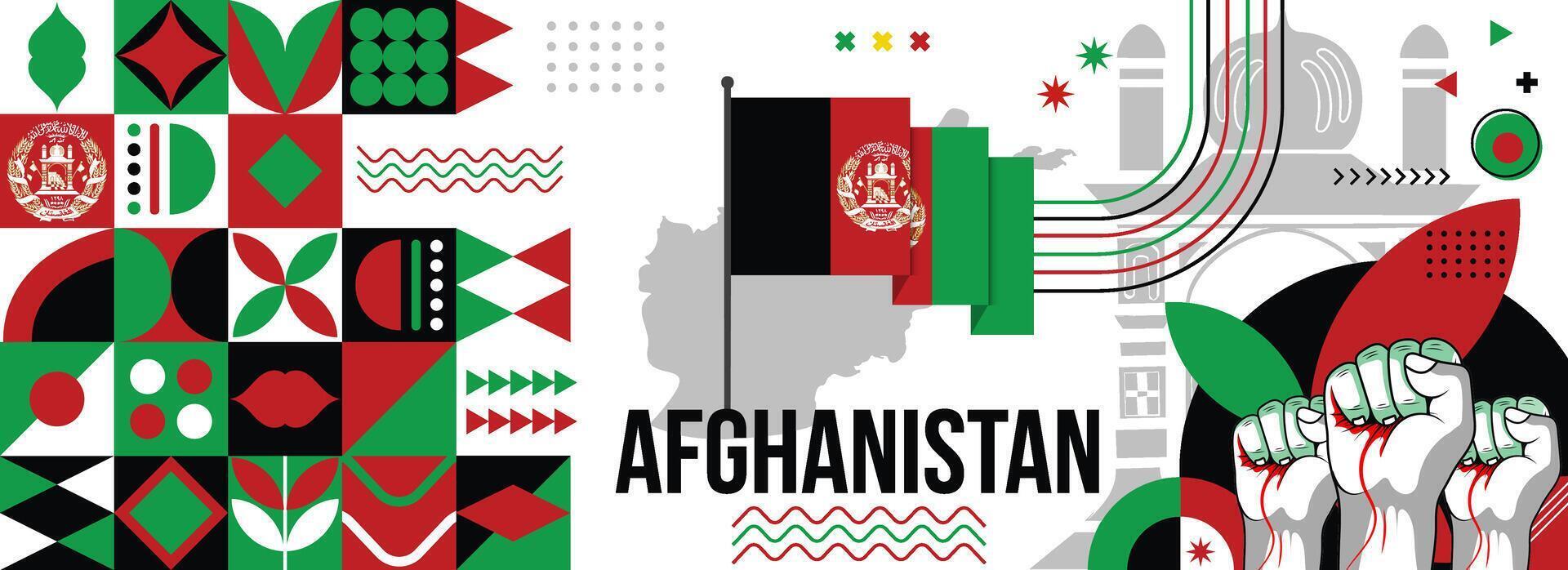 afghanistan nationale ou indépendance journée bannière pour pays fête. drapeau et carte de afghanistan avec élevé poings. moderne rétro conception avec typorgaphie abstrait géométrique Icônes. vecteur