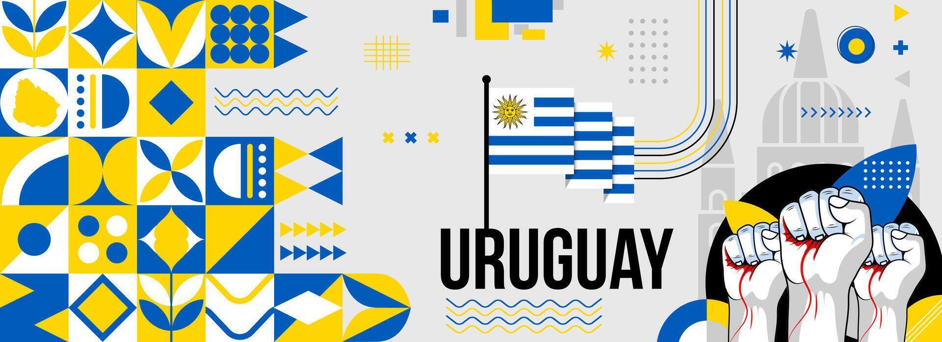 Uruguay nationale ou indépendance journée bannière pour pays fête. drapeau et carte de Uruguay avec élevé poings. moderne rétro conception avec typorgaphie abstrait géométrique Icônes. vecteur illustration