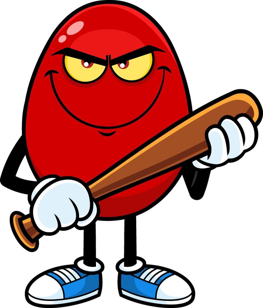 en colère rouge Pâques Oeuf dessin animé personnage avec base-ball chauve souris. vecteur illustration isolé sur blanc Contexte