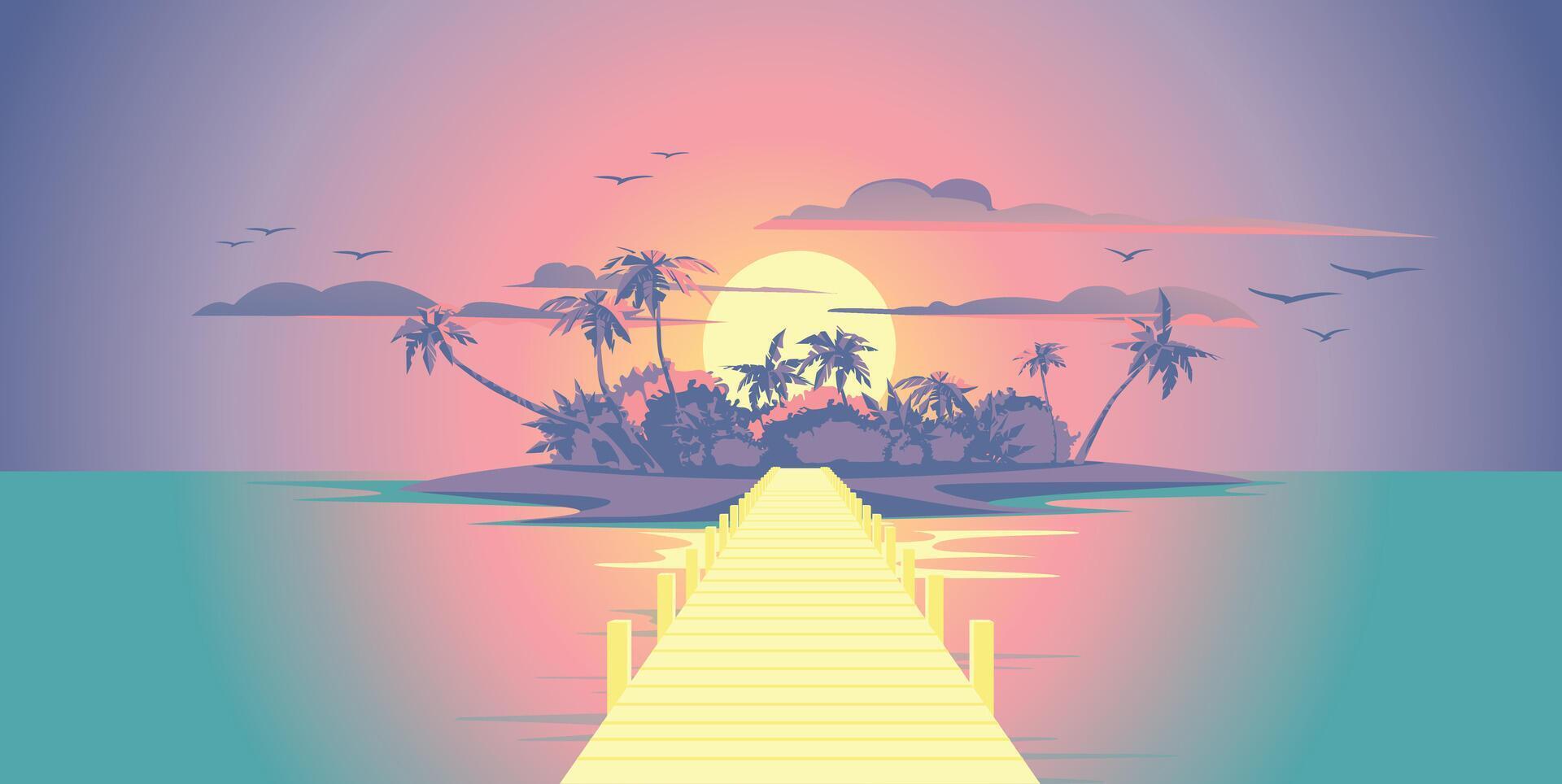 tropical île sur le océan rive à le coucher du soleil. en bois route. silhouettes de paume des arbres à le coucher du soleil. une traditionnel endroit pour les vacances et tourisme. vecteur illustration