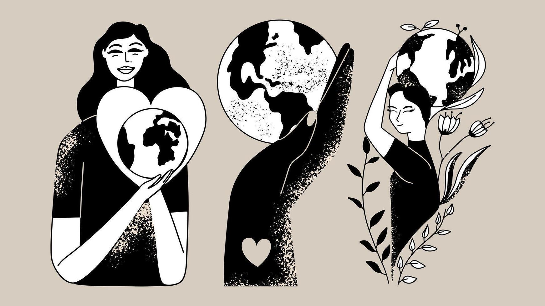international mère Terre journée ensemble conceptuel art illustrations. femmes avec planète. la nature préservation concept. vecteur image.