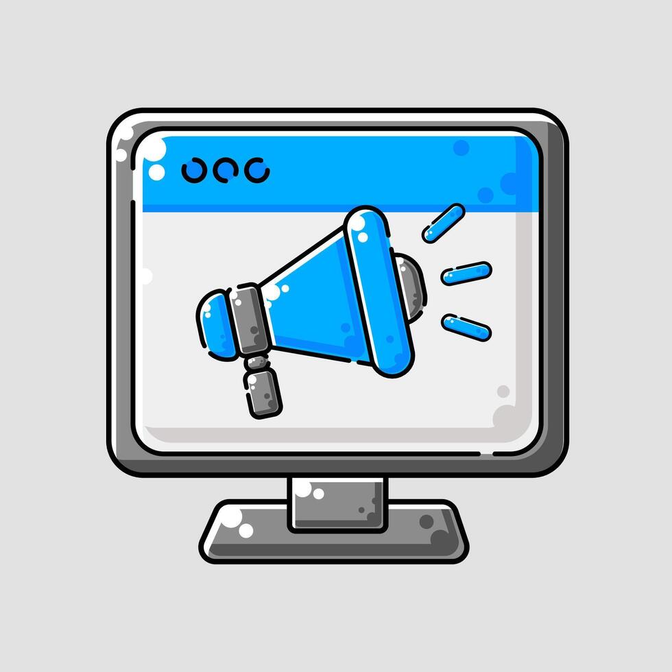 dessin animé illustration de une ordinateur moniteur avec une bleu mégaphone sur il vecteur