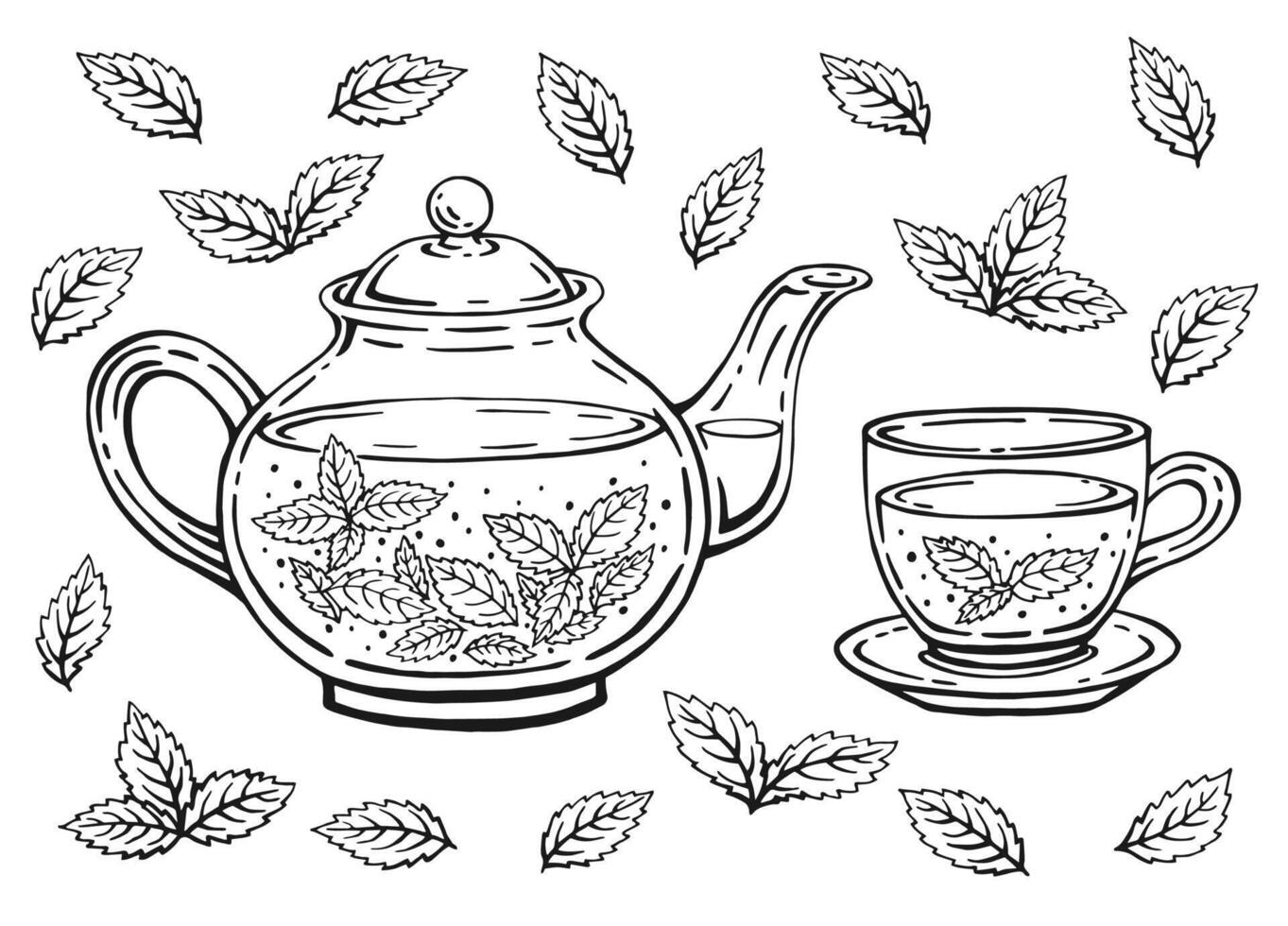 thé ensemble avec en bonne santé vert thé, menthe feuilles. théière et Coupe. main tiré vecteur illustration dans contour style.
