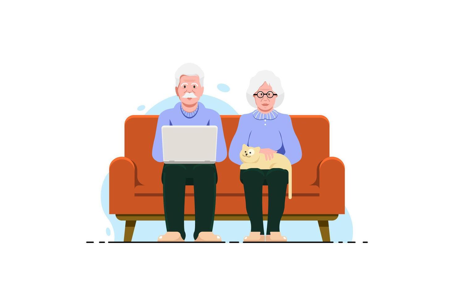 vieux Humain couple relaxant sur canapé chaise avec ordinateur portable, chat sur isolé arrière-plan, vecteur illustration.