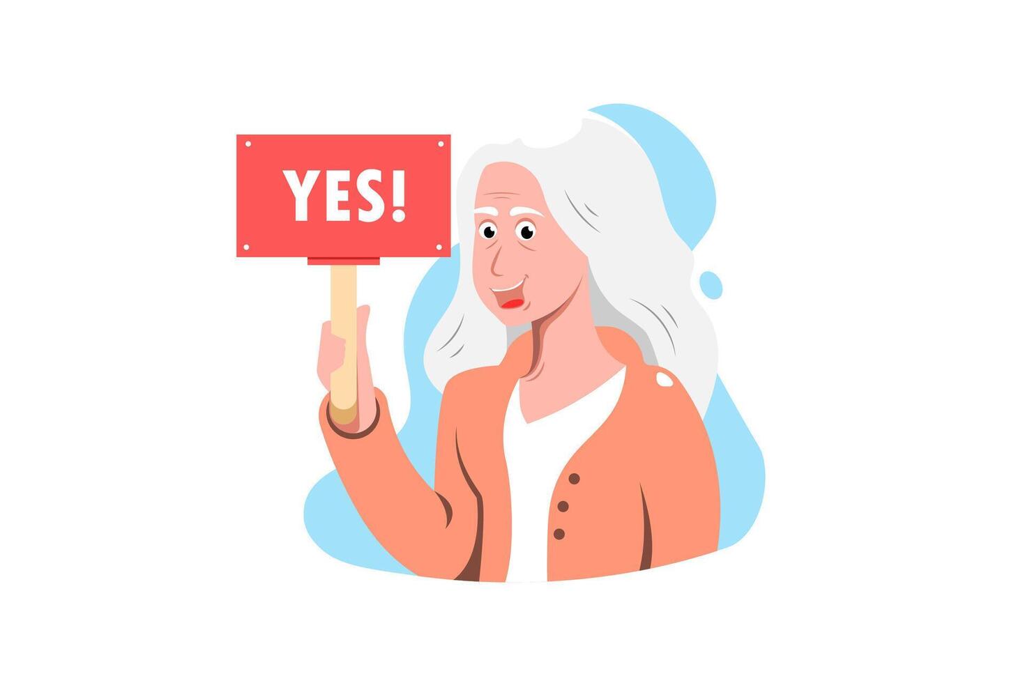 souriant personnes âgées femme en portant une Oui vote signe sur isolé arrière-plan, vecteur illustration.