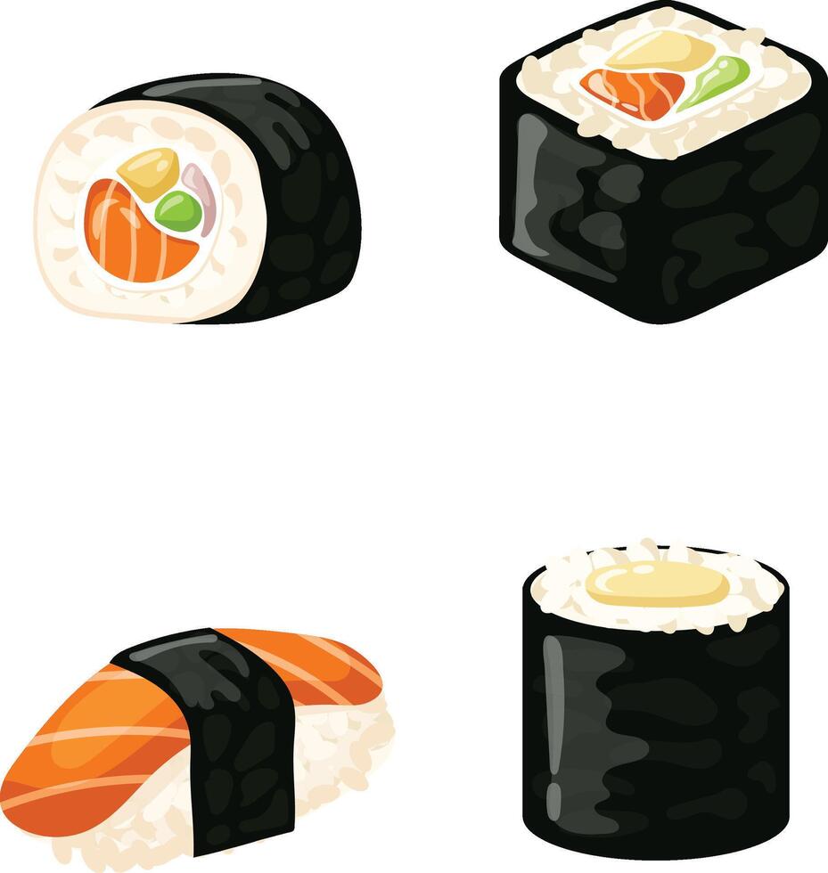 Sushi Rouleaux éléments nourriture, saumon, crevette, avocat, crème fromage. Sushi menu. Japonais nourriture isolé sur blanc vecteur illustration