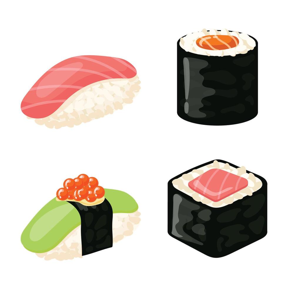 Sushi Rouleaux éléments nourriture, saumon, crevette, avocat, crème fromage. Sushi menu. Japonais nourriture isolé sur blanc vecteur illustration