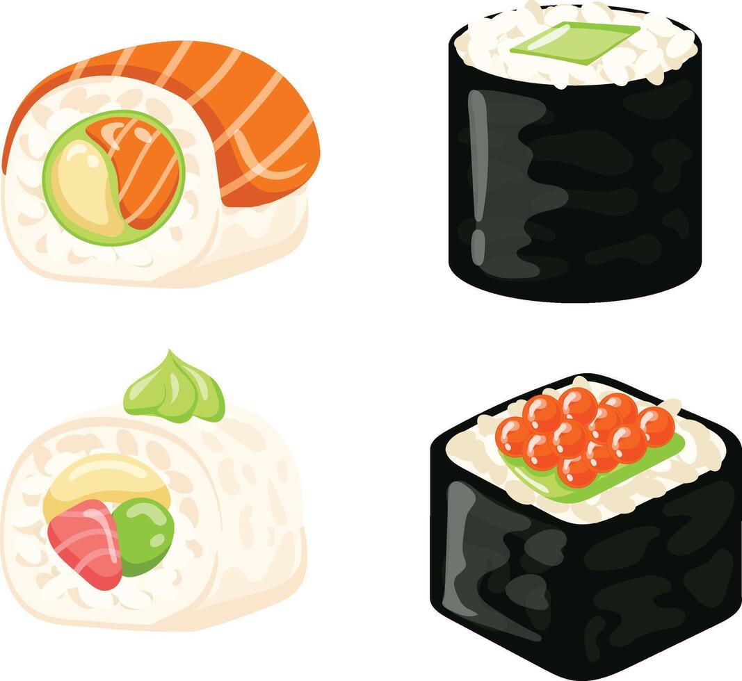 Sushi Rouleaux éléments nourriture, saumon, crevette, avocat, crème fromage. Sushi menu. Japonais nourriture isolé sur blanc vecteur illustration