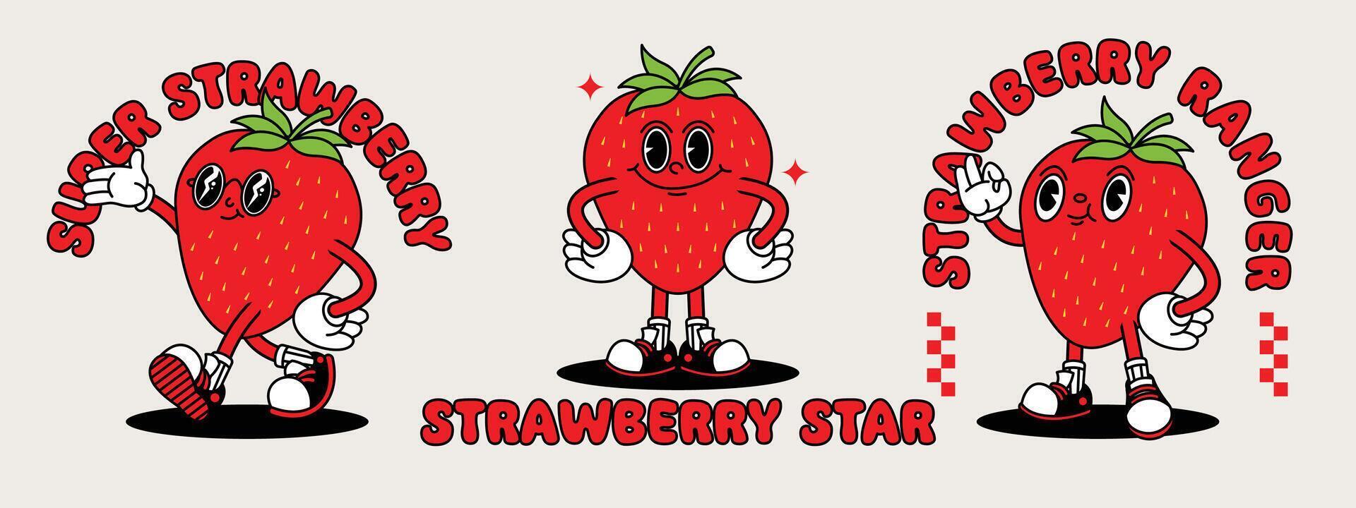 fraise rétro mascotte avec main et pied. fruit rétro dessin animé autocollants avec marrant bande dessinée personnages et ganté mains. vecteur