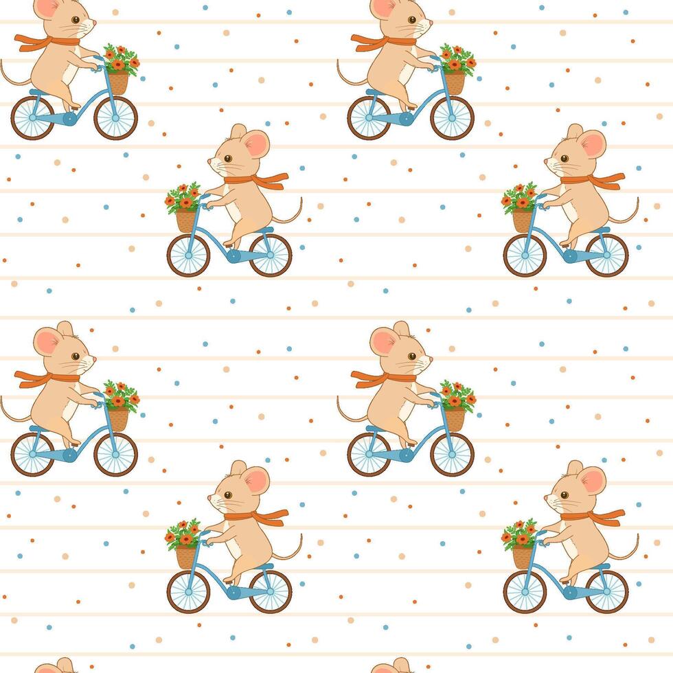 sans couture main tiré modèle avec stylisé mignonne Souris personnage équitation bicyclette avec panier. vecteur dessin animé interminable modèle pour textiles ou en tissu pour nouveau-nés.
