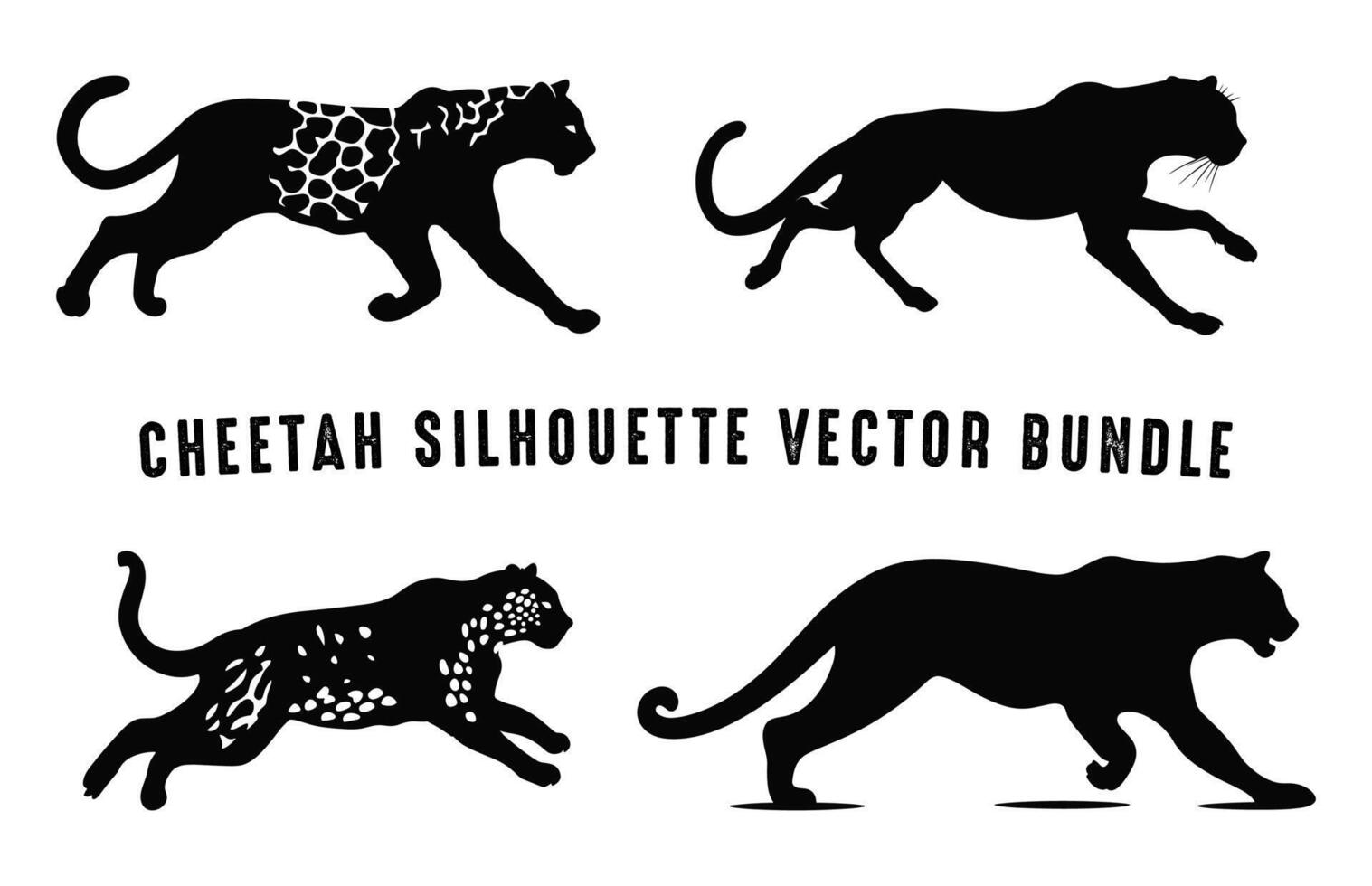 guépard vecteur silhouette noir et blanc ensemble, fonctionnement guépard silhouettes empaqueter, chats sauvages clipart collection