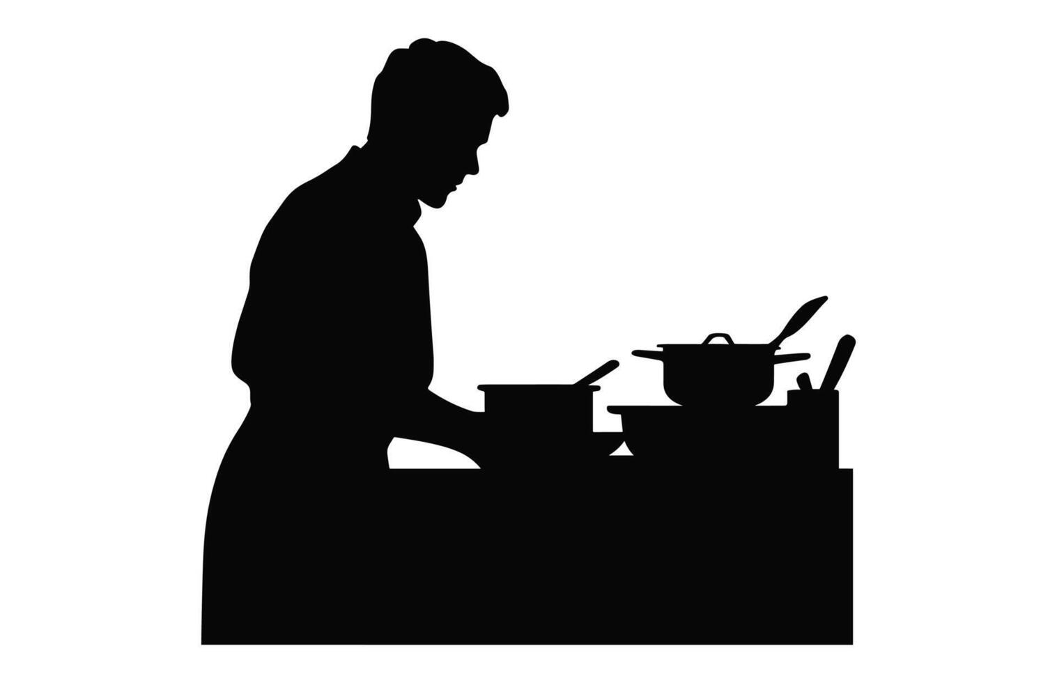 homme cuisine silhouette vecteur isolé sur une blanc arrière-plan, Hommes en train de préparer nourriture dans cuisine noir clipart