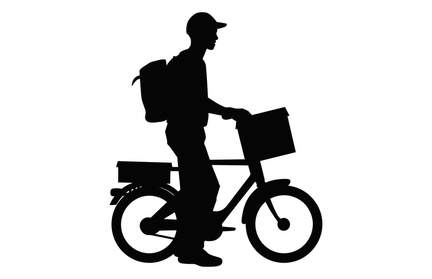 courrier homme porter paquet sur cycle silhouette, livraison Hommes porter une boîte noir vecteur