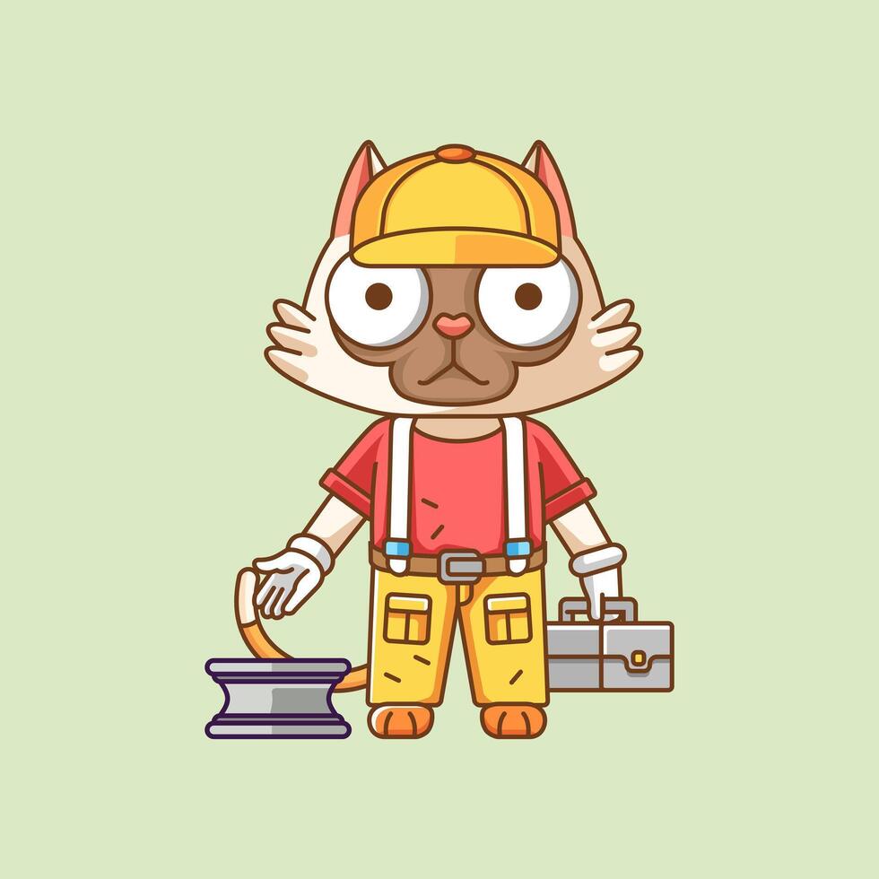 mignonne chat mécanicien avec outil à atelier dessin animé animal personnage mascotte icône plat style illustration concept vecteur