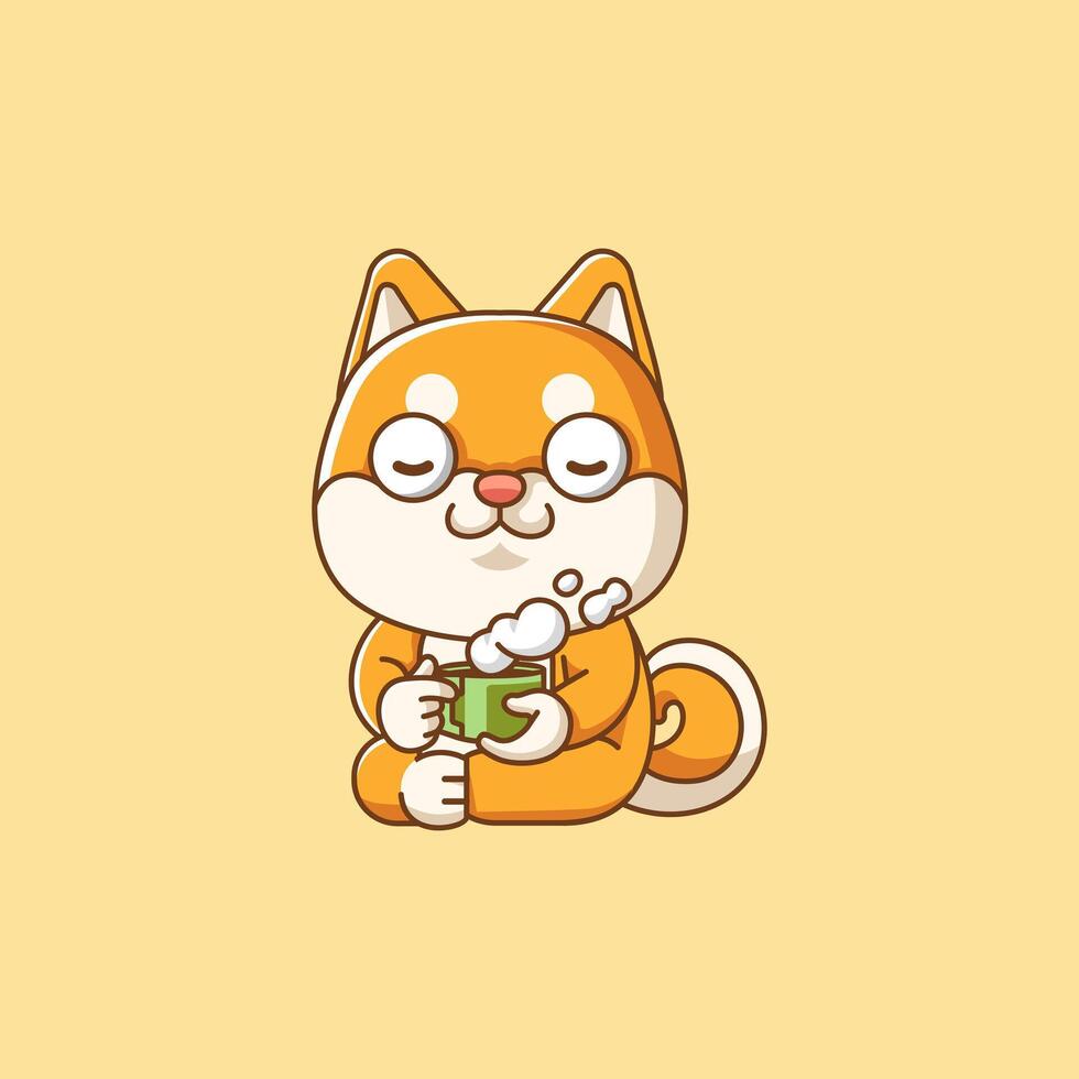 mignonne shiba inu chien se détendre avec une tasse de café dessin animé animal personnage mascotte icône plat style illustration concept vecteur