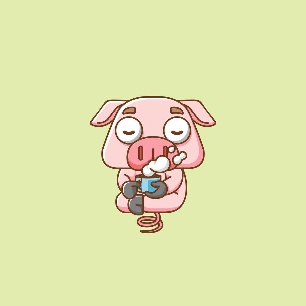 mignonne porc se détendre avec une tasse de café dessin animé animal personnage mascotte icône plat style illustration concept vecteur