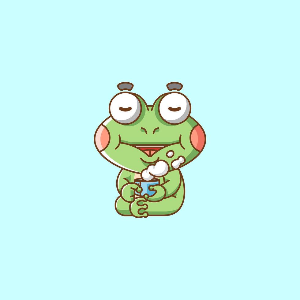 mignonne grenouille se détendre avec une tasse de café dessin animé animal personnage mascotte icône plat style illustration concept vecteur