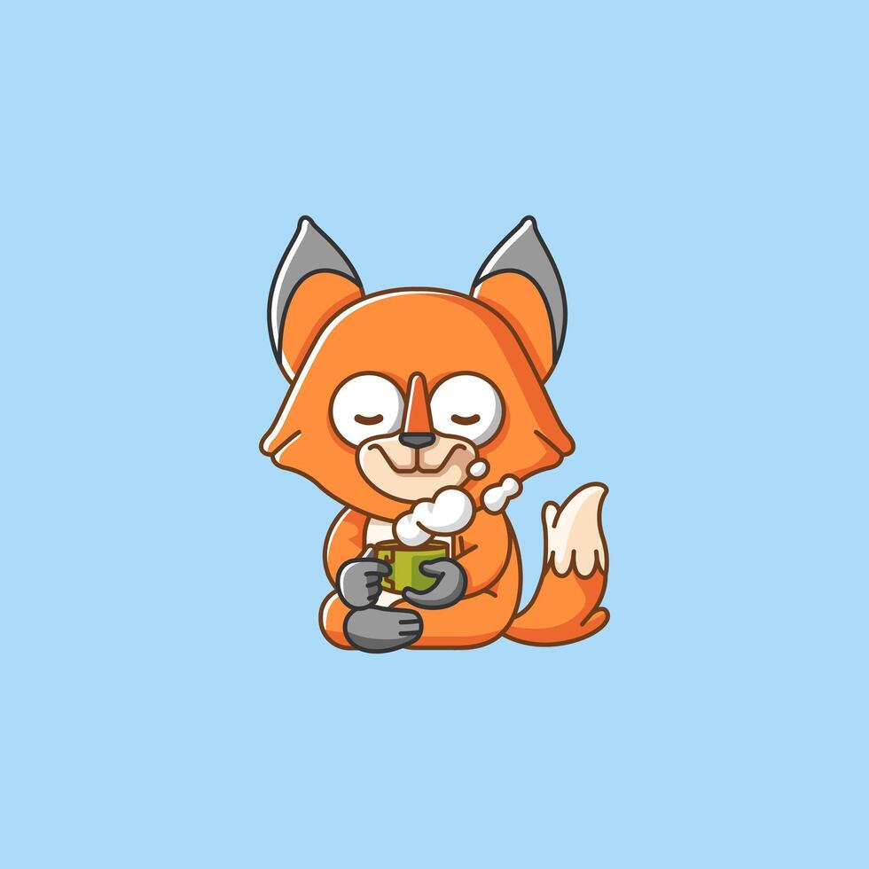 mignonne Renard se détendre avec une tasse de café dessin animé animal personnage mascotte icône plat style illustration concept vecteur