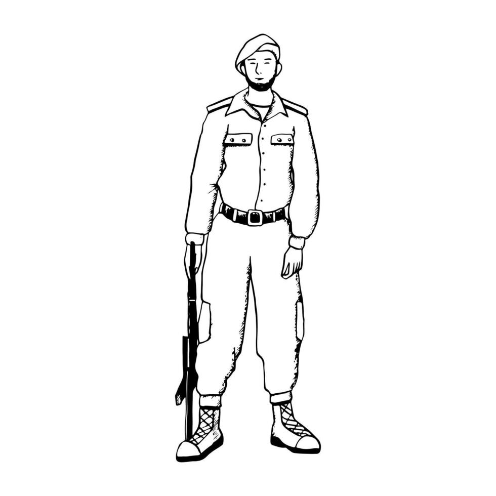 vecteur soldat prise serment avec agression riffle dans noir et blanc ligne illustration pour patriotique militaire dessins