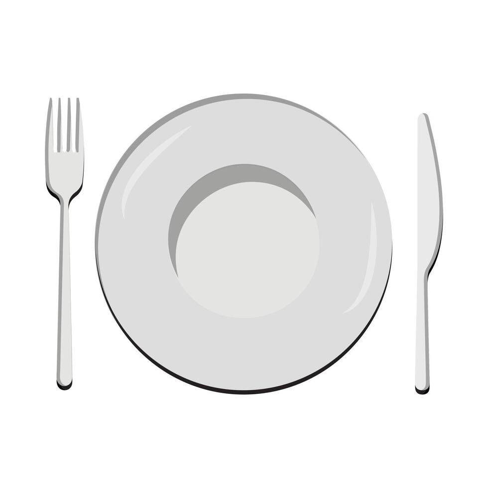 plat, vide assiette avec couteau et fourchette isolé sur une blanc Contexte. assiette cercle icône avec longue ombre. plat conception style vecteur