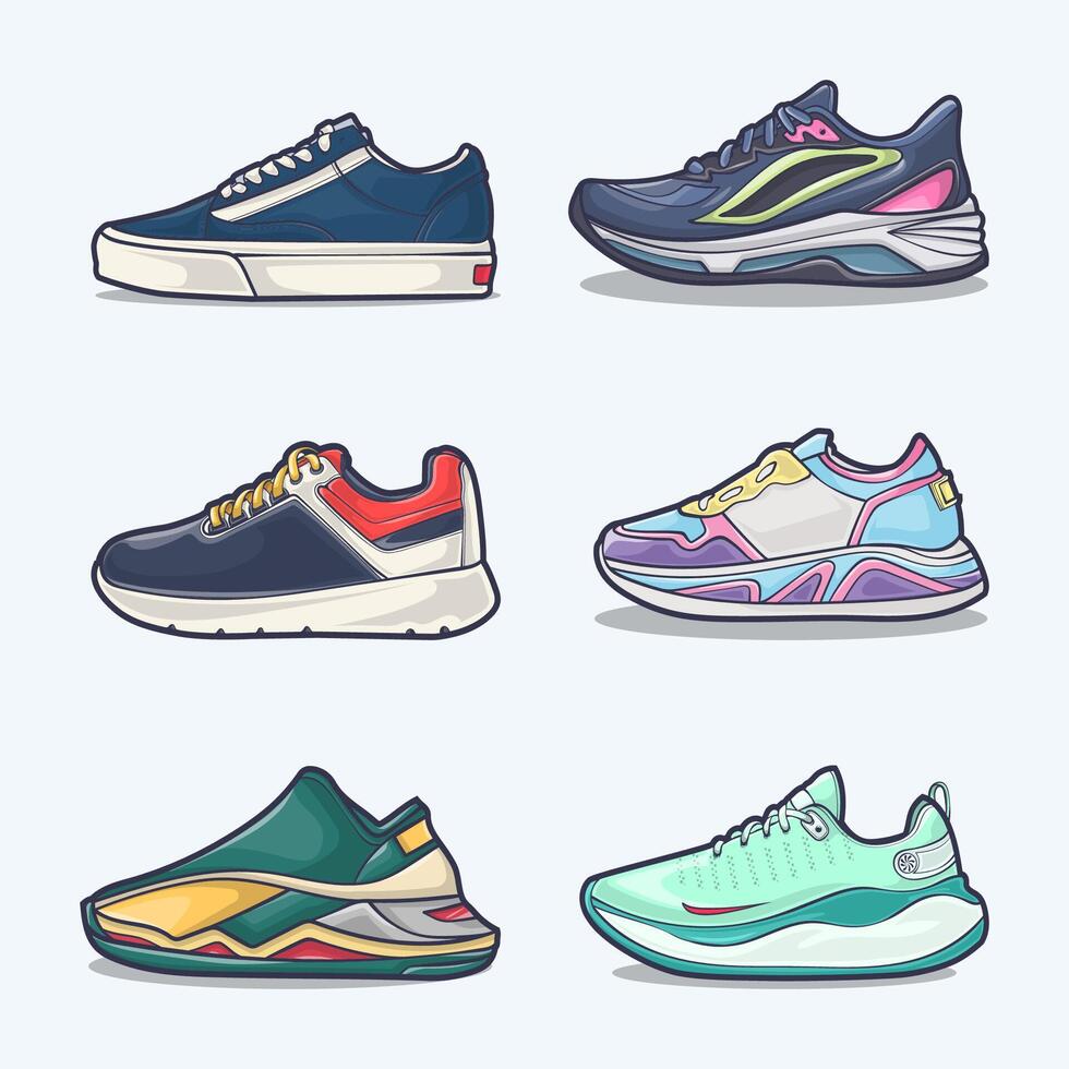 ensemble collection de chaussure dessin animé icône, vecteur concept plat conception. vecteur illustration baskets dans plat style. vecteur baskets des chaussures côté voir.