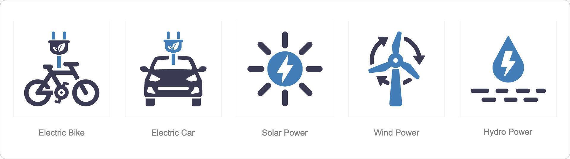 une ensemble de 5 écologie Icônes comme électrique vélo, électrique voiture, solaire Puissance vecteur