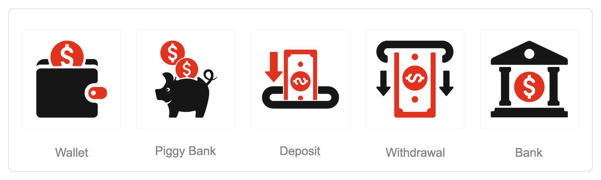 une ensemble de 5 la finance Icônes comme portefeuille, porcin banque, dépôt vecteur