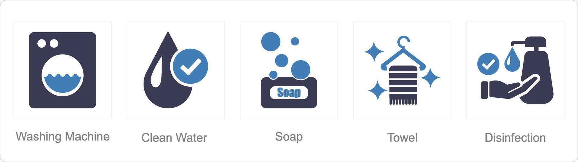 une ensemble de 5 hygiène Icônes comme la lessive machine, nettoyer eau, savon vecteur