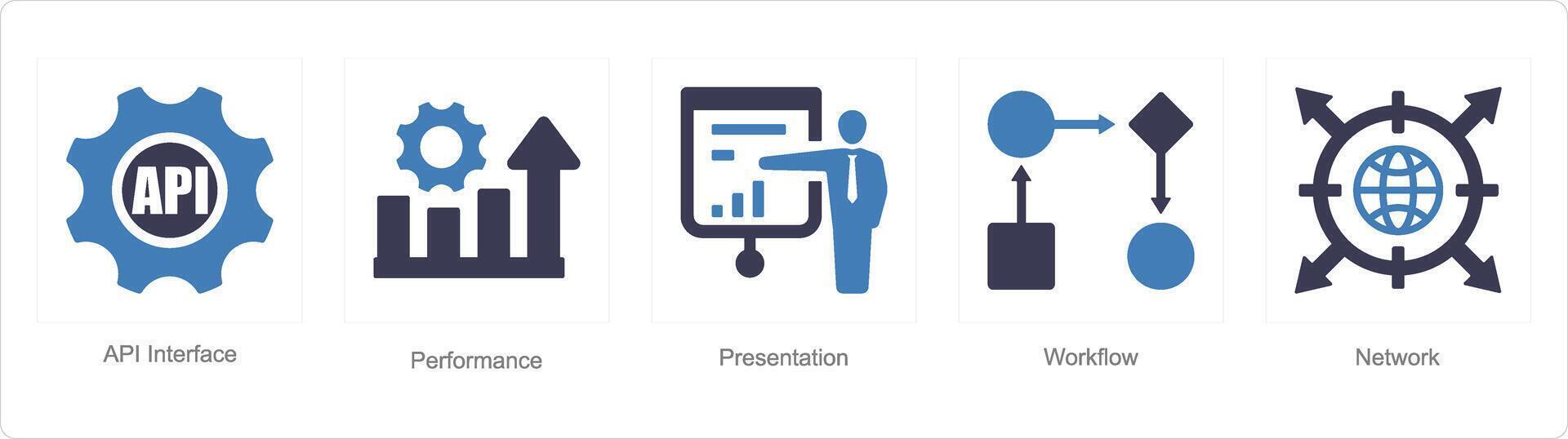 une ensemble de 5 Les données une analyse Icônes comme api interface, performance, présentation vecteur