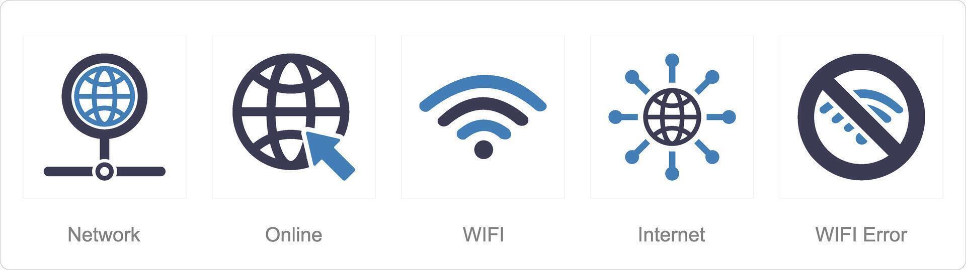une ensemble de 5 l'Internet ordinateur Icônes comme en ligne, Wifi, l'Internet, Wifi Erreur vecteur