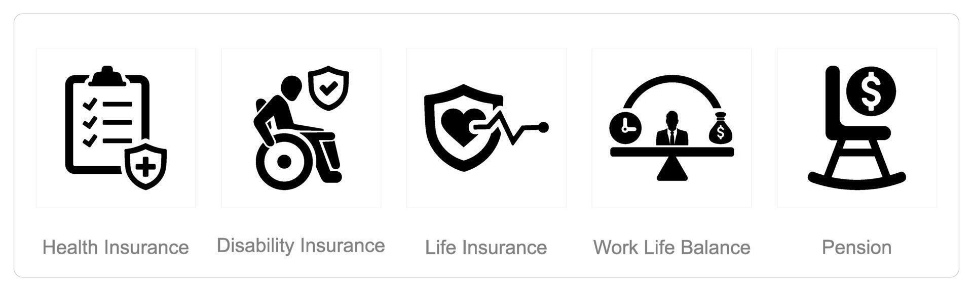 une ensemble de 5 employé avantages Icônes comme santé assurance, invalidité assurance, la vie Assurance vecteur