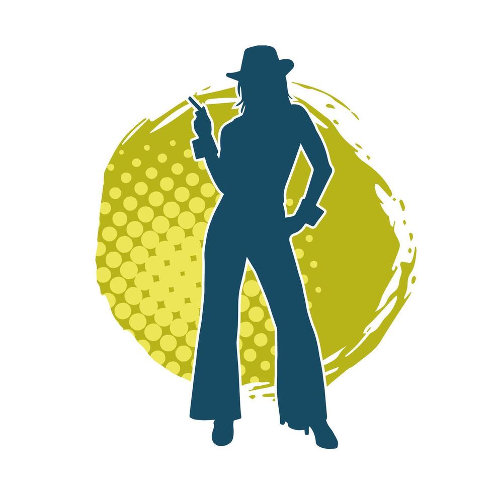 silhouette de une svelte femelle modèle portant longue un pantalon et feutre chapeau dans pose. vecteur