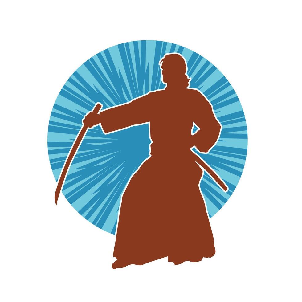 silhouette de une Masculin combattant dans martial art costume porter katana épée arme. vecteur
