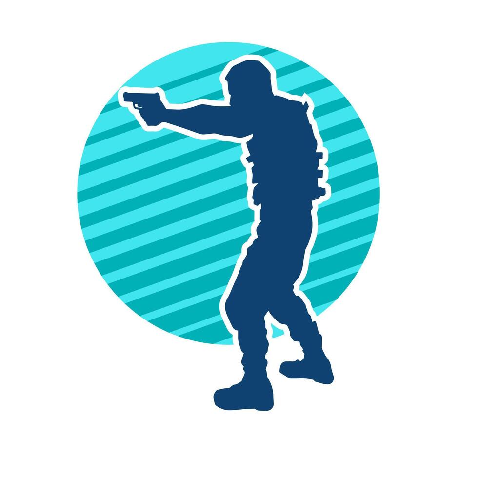 silhouette de une Masculin tireur portant blindé gilet dans action pose en utilisant main pistolet arme vecteur