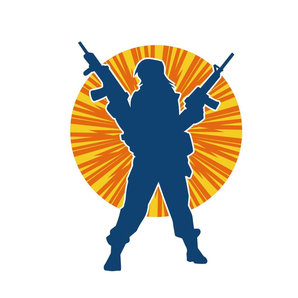 silhouette de une femelle soldat porter machine pistolet arme. vecteur