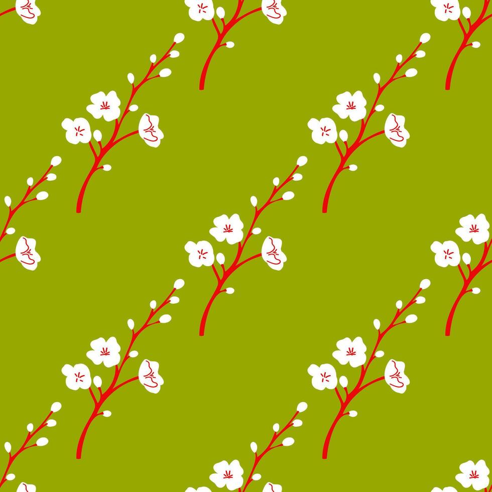 printemps sans couture modèle de rouge branches avec blanc fleurs sur vert Contexte vecteur