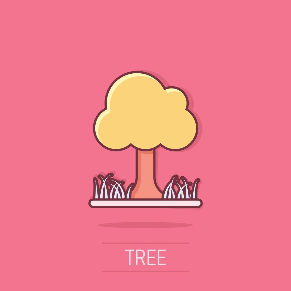 arbre icône dans bande dessinée style. forêt dessin animé vecteur illustration sur isolé Contexte. plante éclaboussure effet signe affaires concept.